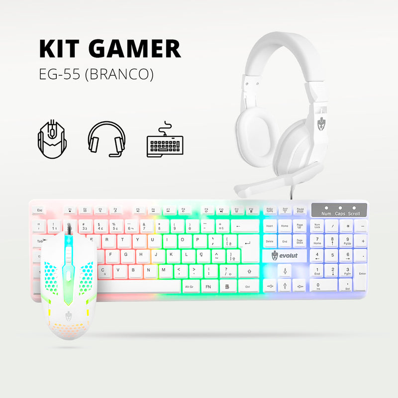 Kit Gamer EG-55 Branco Evolut Teclado Mouse Headset