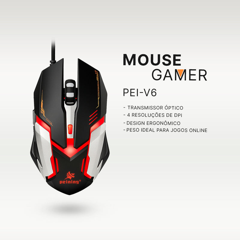 Mouse Gamer E-Sport Peining PEI V6 RGB com fio 6 botões