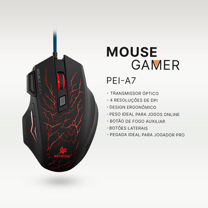 Mouse Gamer E-Sport Peining PEI A7 RGB com fio 7 botões