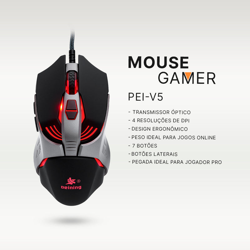 Mouse Gamer E-Sport Peining PEI V5 RGB com fio 7 botões