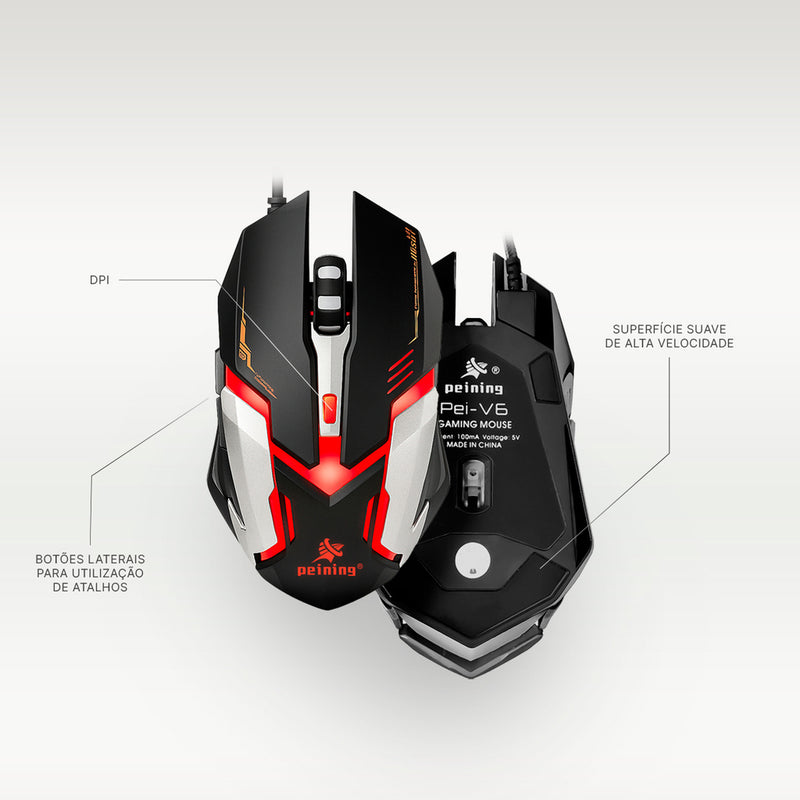 Mouse Gamer E-Sport Peining PEI V6 RGB com fio 6 botões