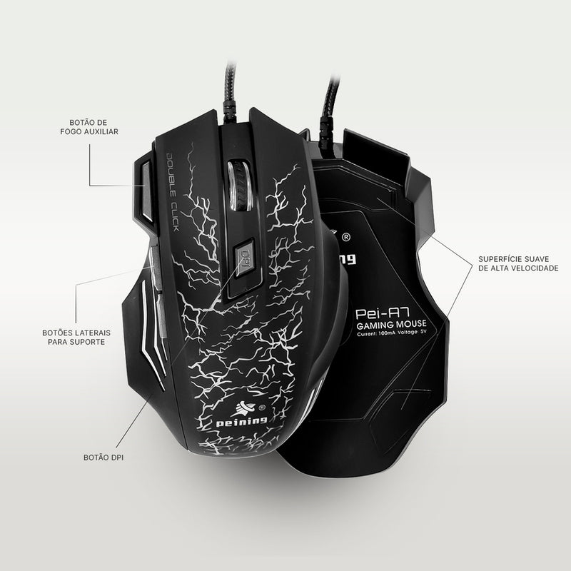 Mouse Gamer E-Sport Peining PEI A7 RGB com fio 7 botões